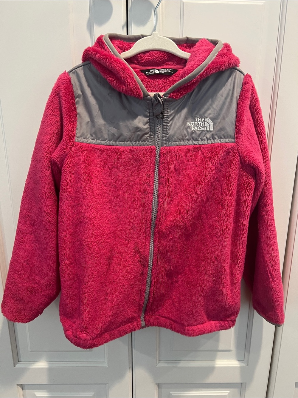 The North Face Kids Hot Pink Hooded Fleece Jacket with Gray Yoke